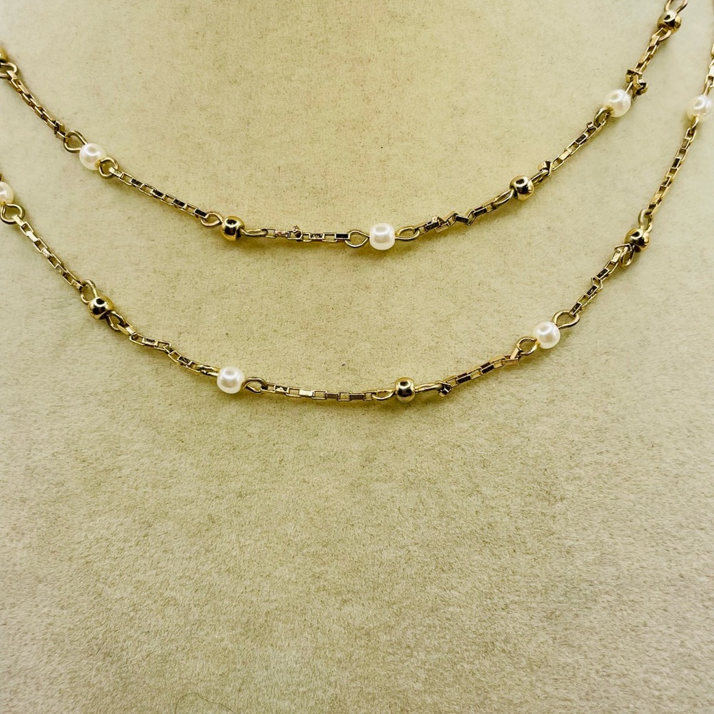 LOFT Gold and Pearl Bead Station Layered Necklace. 14 inches w/a 3 inch extender - Picture 2 of 5